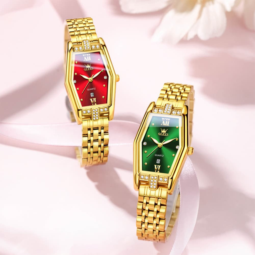 OLEVS 3699 Tonneau Geometric Crystal Womens Dress Watch - Gold Black Watch | Olevs Watch Store