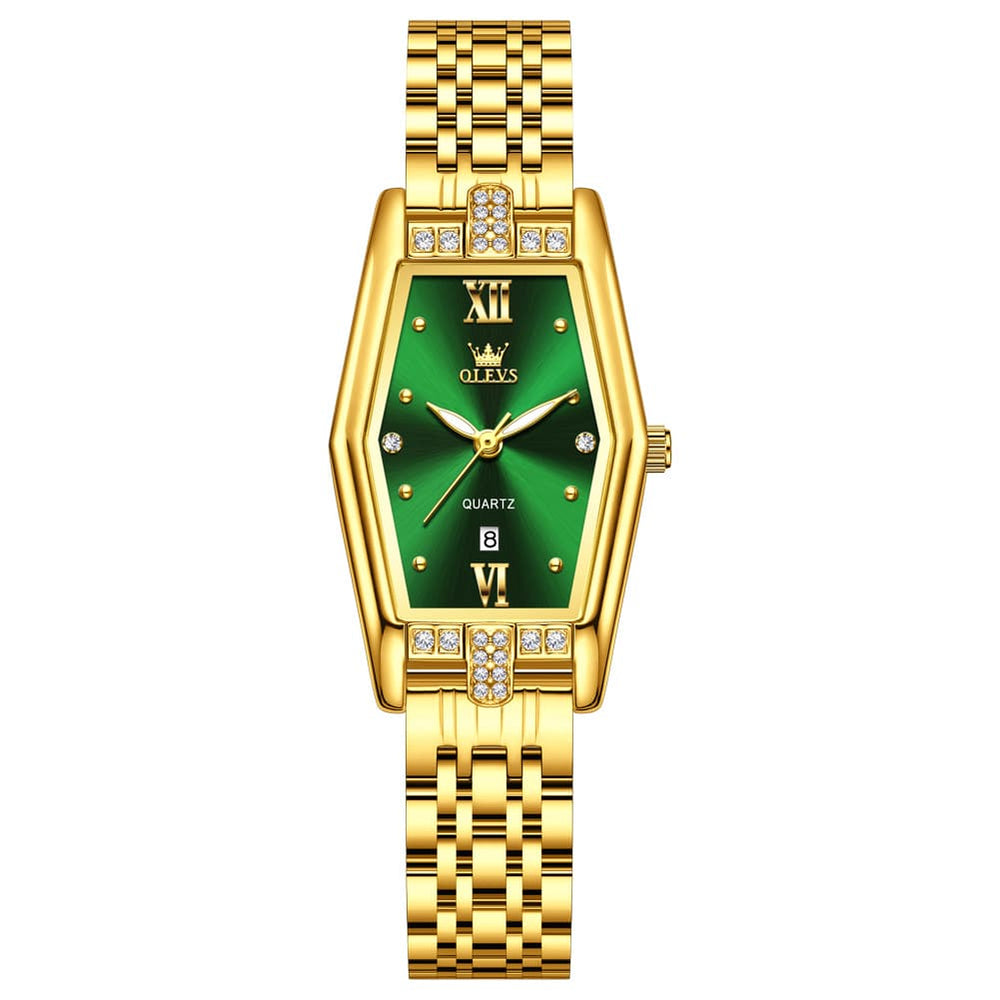 OLEVS 3699 Tonneau Geometric Crystal Womens Dress Watch - Gold Black Watch | Olevs Watch Store