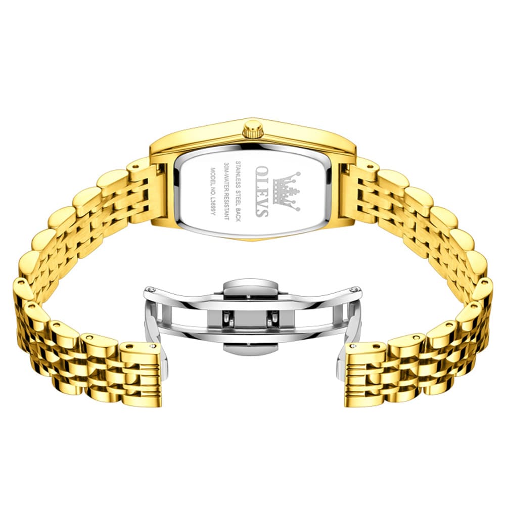 OLEVS 3699 Tonneau Geometric Crystal Womens Dress Watch - Gold Black Watch | Olevs Watch Store