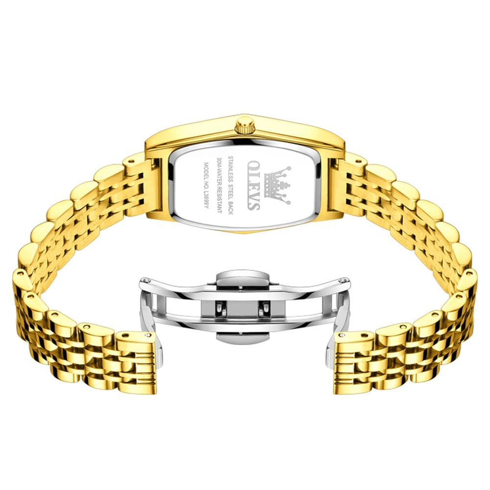 OLEVS 3699 Tonneau Geometric Crystal Womens Dress Watch - Gold Black Watch | Olevs Watch Store