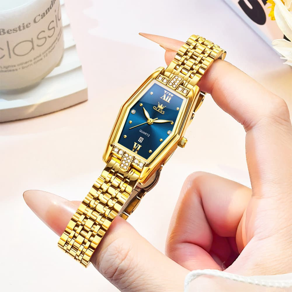 OLEVS 3699 Tonneau Geometric Crystal Womens Dress Watch - Gold Black Watch | Olevs Watch Store