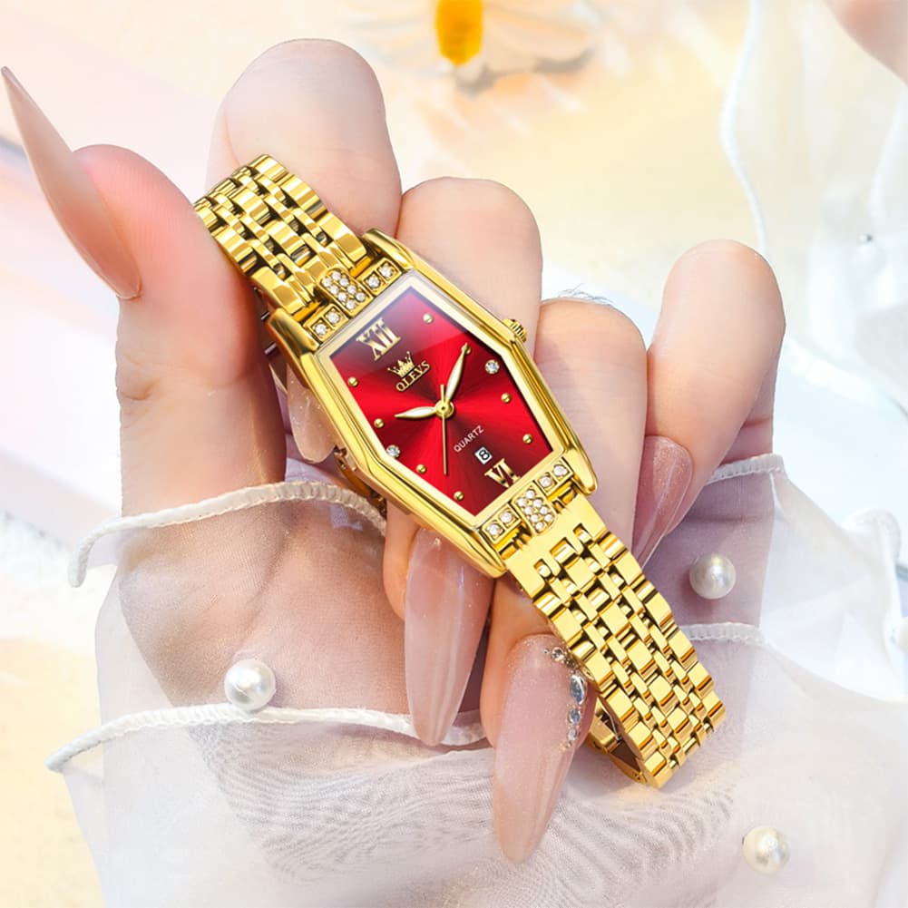 OLEVS 3699 Tonneau Geometric Crystal Womens Dress Watch - Gold Black Watch | Olevs Watch Store