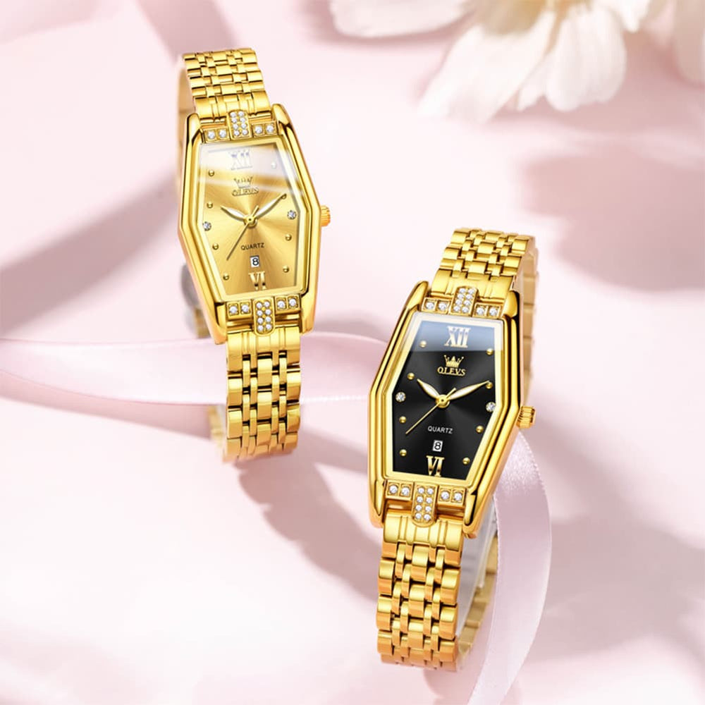 OLEVS 3699 Tonneau Geometric Crystal Womens Dress Watch - Gold Black Watch | Olevs Watch Store
