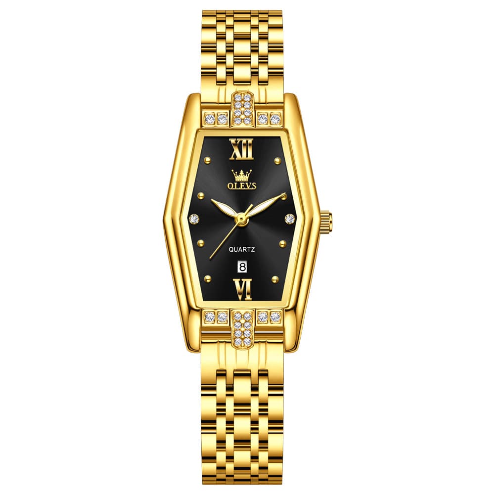 OLEVS 3699 Tonneau Geometric Crystal Womens Dress Watch - Gold Black Watch | Olevs Watch Store