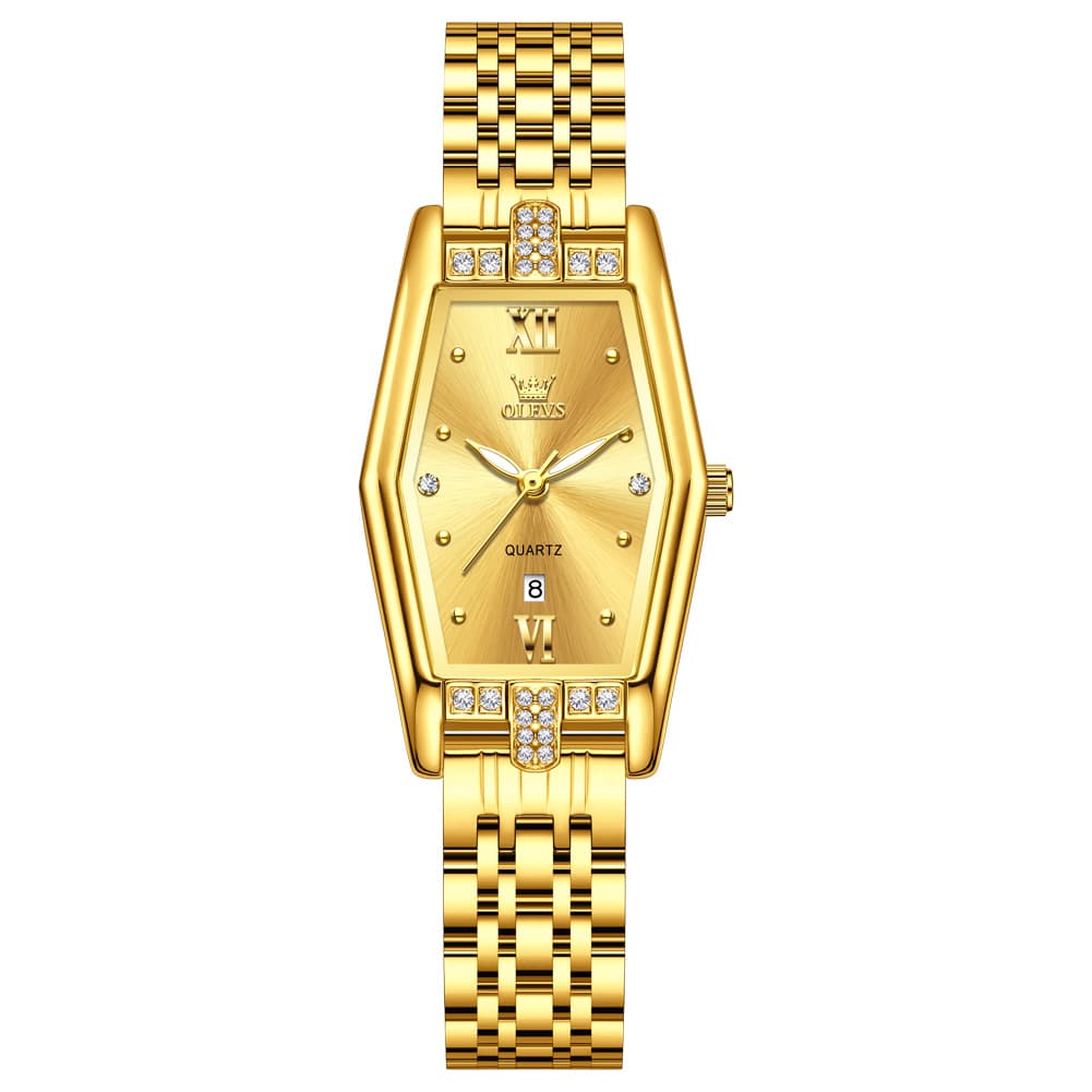 OLEVS 3699 Tonneau Geometric Crystal Womens Dress Watch - Gold Black Watch | Olevs Watch Store