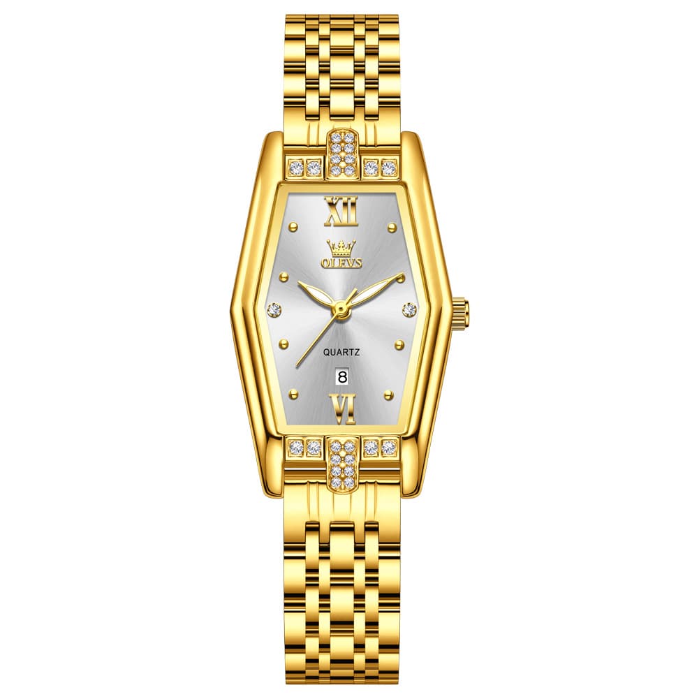 OLEVS 3699 Tonneau Geometric Crystal Womens Dress Watch - Gold Black Watch | Olevs Watch Store