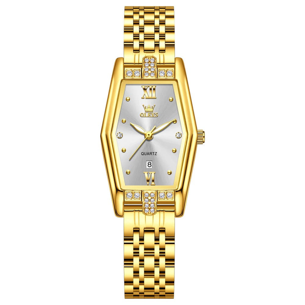 OLEVS 3699 Tonneau Geometric Crystal Womens Dress Watch - Gold Black Watch | Olevs Watch Store