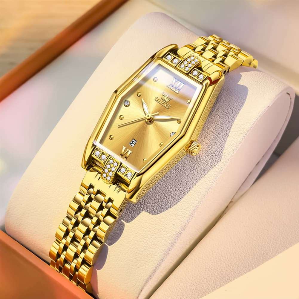 OLEVS 3699 Tonneau Geometric Crystal Womens Dress Watch