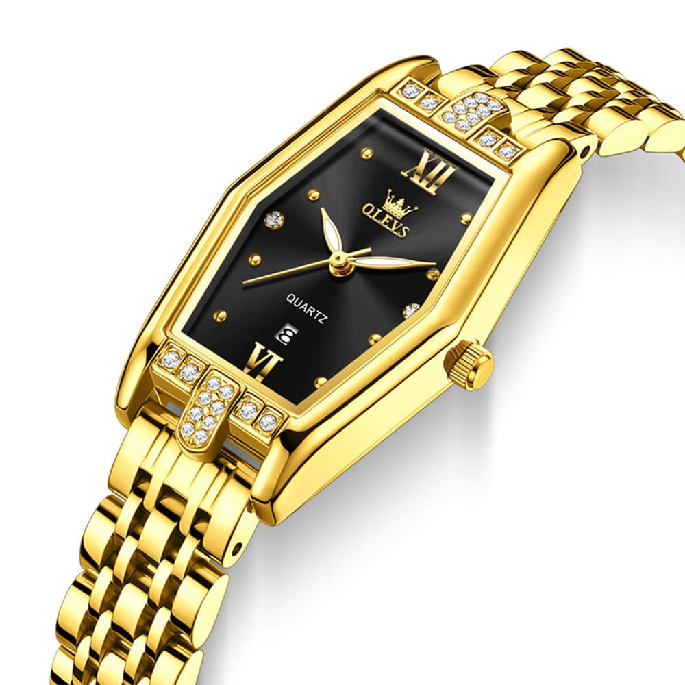 OLEVS 3699 Tonneau Geometric Crystal Womens Dress Watch - Gold Black Watch | Olevs Watch Store