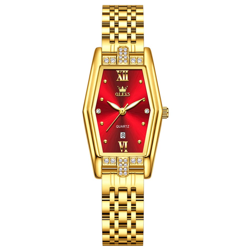 OLEVS 3699 Tonneau Geometric Crystal Womens Dress Watch - Gold Black Watch | Olevs Watch Store