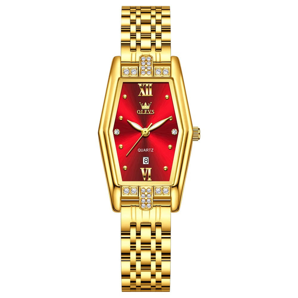 OLEVS 3699 Tonneau Geometric Crystal Womens Dress Watch - Gold Black Watch | Olevs Watch Store