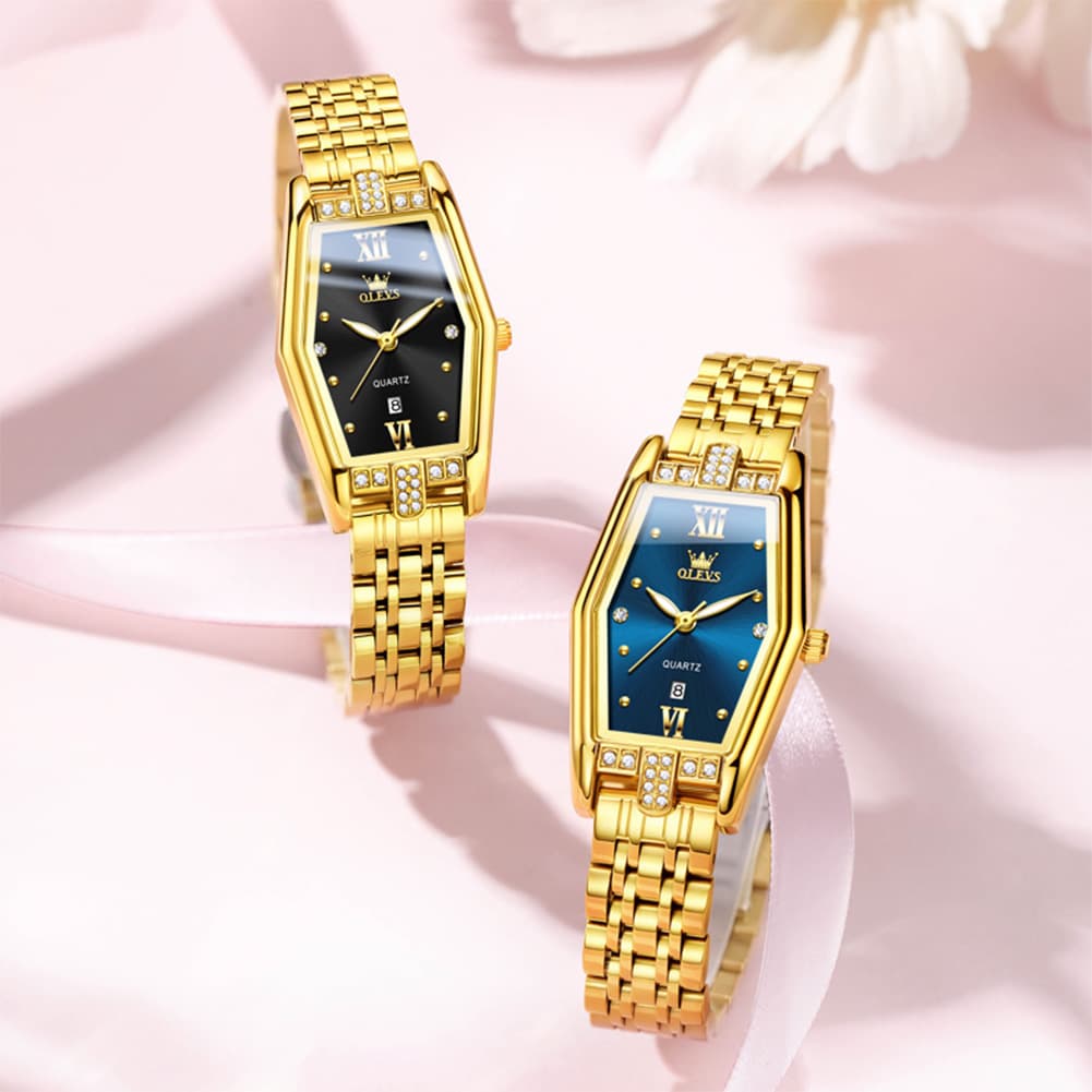 OLEVS 3699 Tonneau Geometric Crystal Womens Dress Watch - Gold Black Watch | Olevs Watch Store