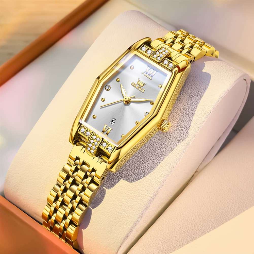 OLEVS 3699 Tonneau Geometric Crystal Womens Dress Watch