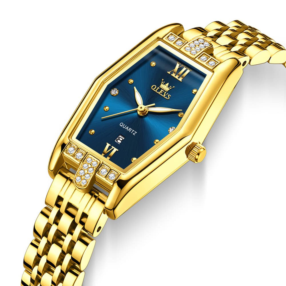 OLEVS 3699 Tonneau Geometric Crystal Womens Dress Watch - Gold Blue Watch | Olevs Watch Store