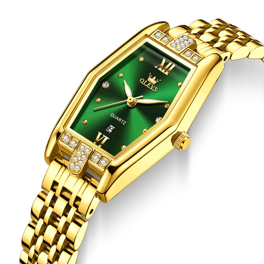 OLEVS 3699 Tonneau Geometric Crystal Womens Dress Watch - Gold Green Watch | Olevs Watch Store