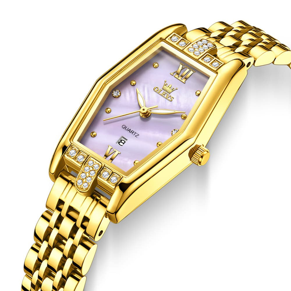 OLEVS 3699 Tonneau Geometric Crystal Womens Dress Watch - Gold Purple Watch | Olevs Watch Store