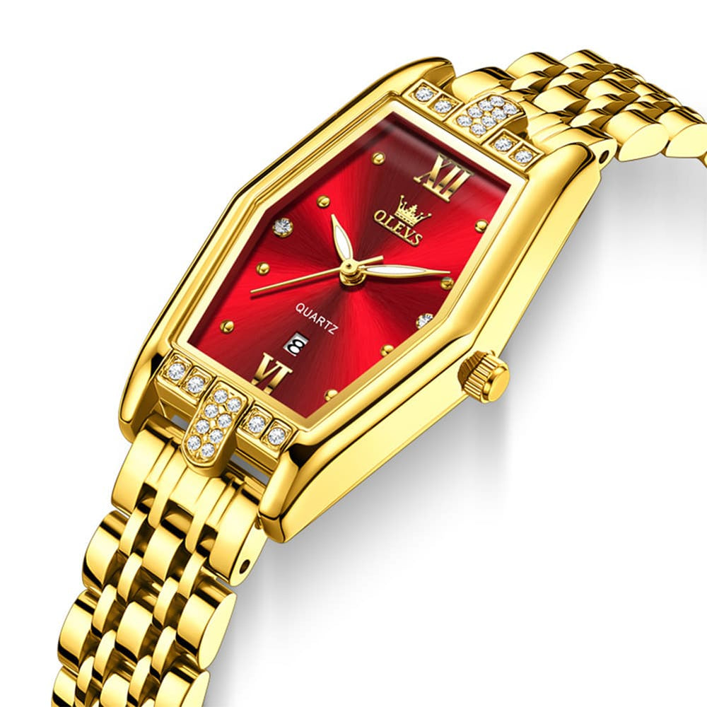 OLEVS 3699 Tonneau Geometric Crystal Womens Dress Watch - Gold Red Watch | Olevs Watch Store