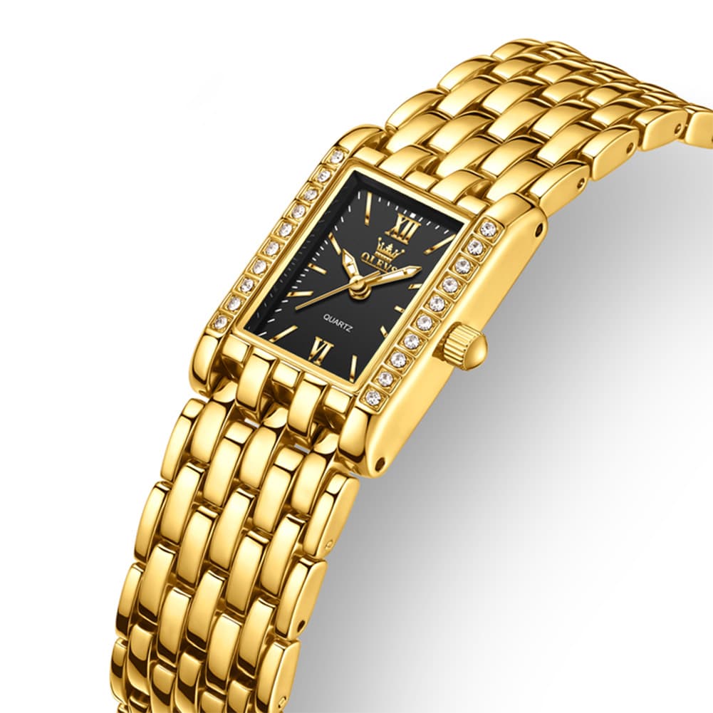 OLEVS 3700 Petite Rectangle Crystal Womens Watch Stainless Steel - Gold Black Watch | Olevs Watch Store