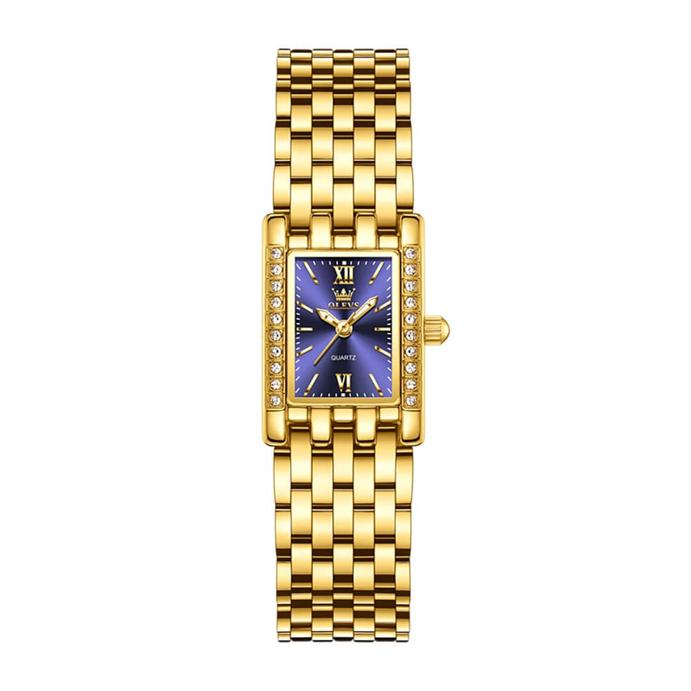 OLEVS 3700 Petite Rectangle Crystal Womens Watch Stainless Steel - Gold Green Watch | Olevs Watch Store