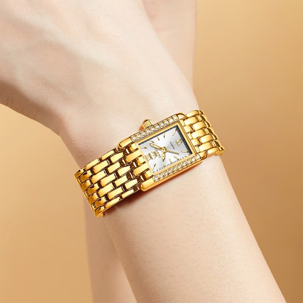 OLEVS 3700 Petite Rectangle Crystal Womens Watch Stainless Steel - Gold Green Watch | Olevs Watch Store