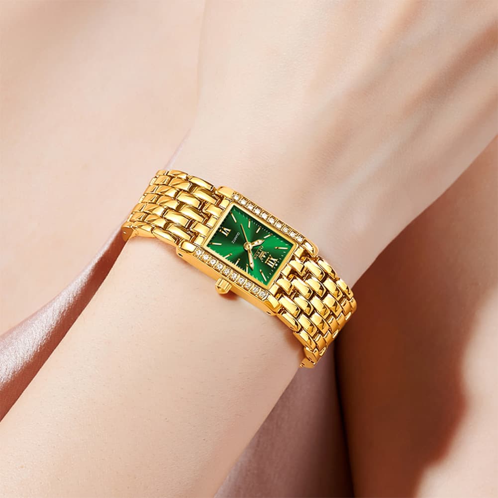 OLEVS 3700 Petite Rectangle Crystal Womens Watch Stainless Steel - Gold Green Watch | Olevs Watch Store