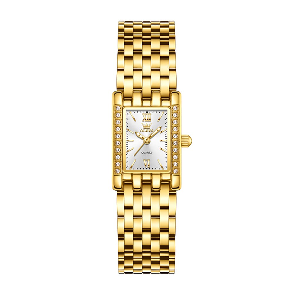 OLEVS 3700 Petite Rectangle Crystal Womens Watch Stainless Steel - Gold Green Watch | Olevs Watch Store
