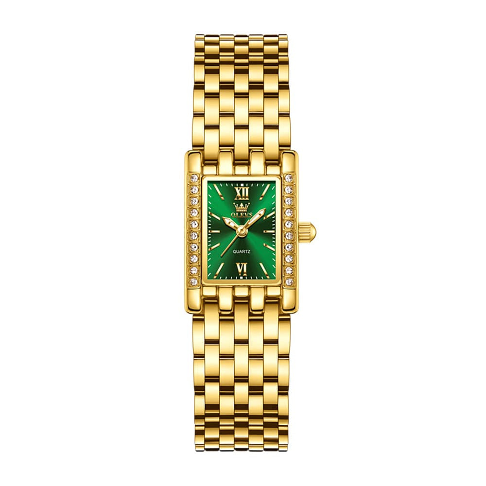 OLEVS 3700 Petite Rectangle Crystal Womens Watch Stainless Steel - Gold Green Watch | Olevs Watch Store