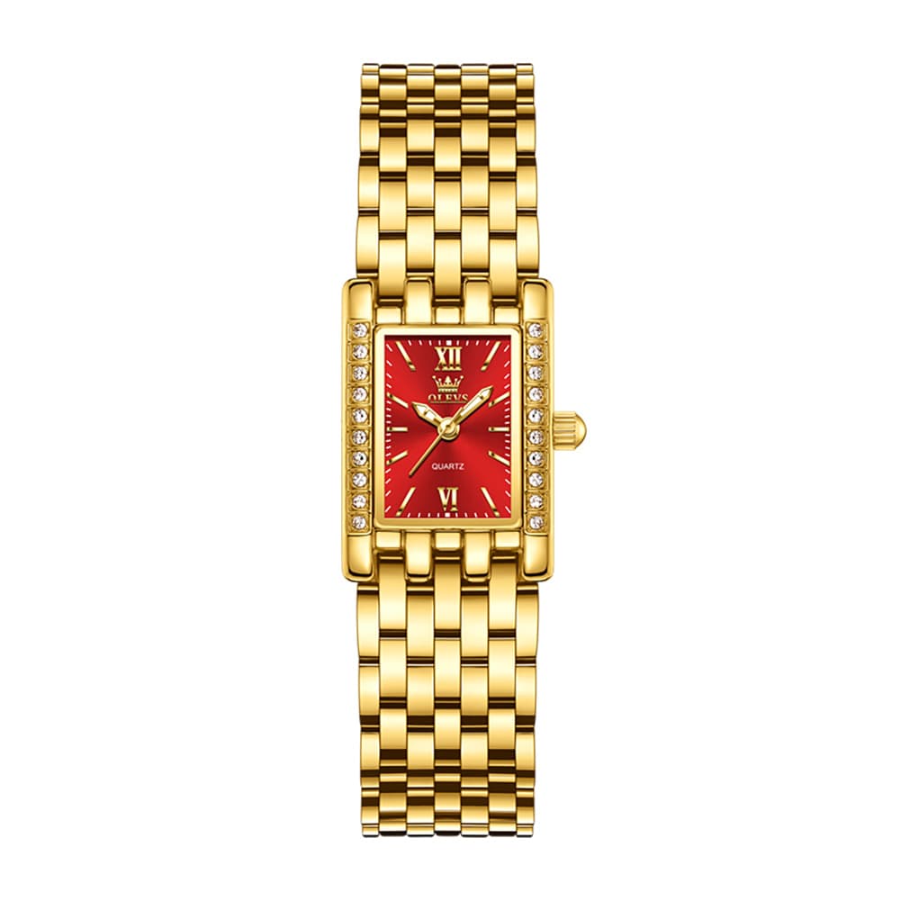 OLEVS 3700 Petite Rectangle Crystal Womens Watch Stainless Steel - Gold Green Watch | Olevs Watch Store