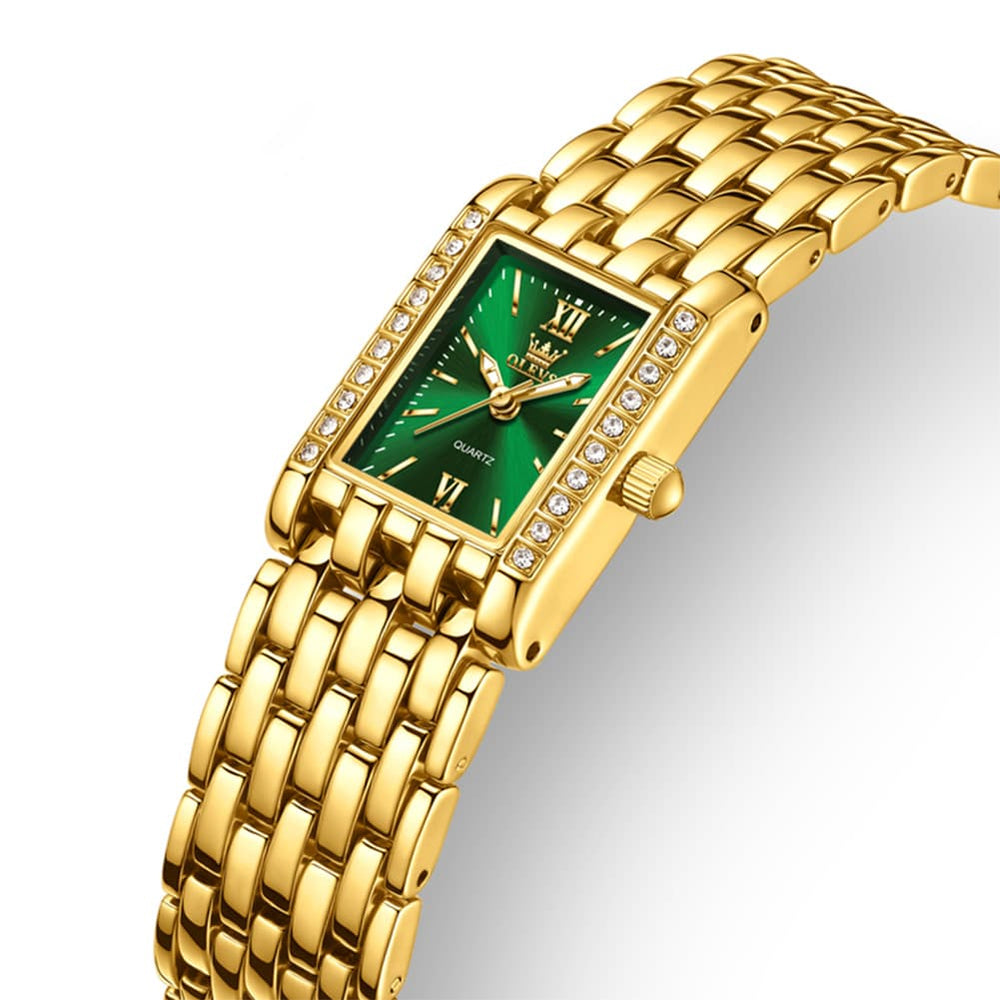 OLEVS 3700 Petite Rectangle Crystal Womens Watch Stainless Steel - Gold Green Watch | Olevs Watch Store