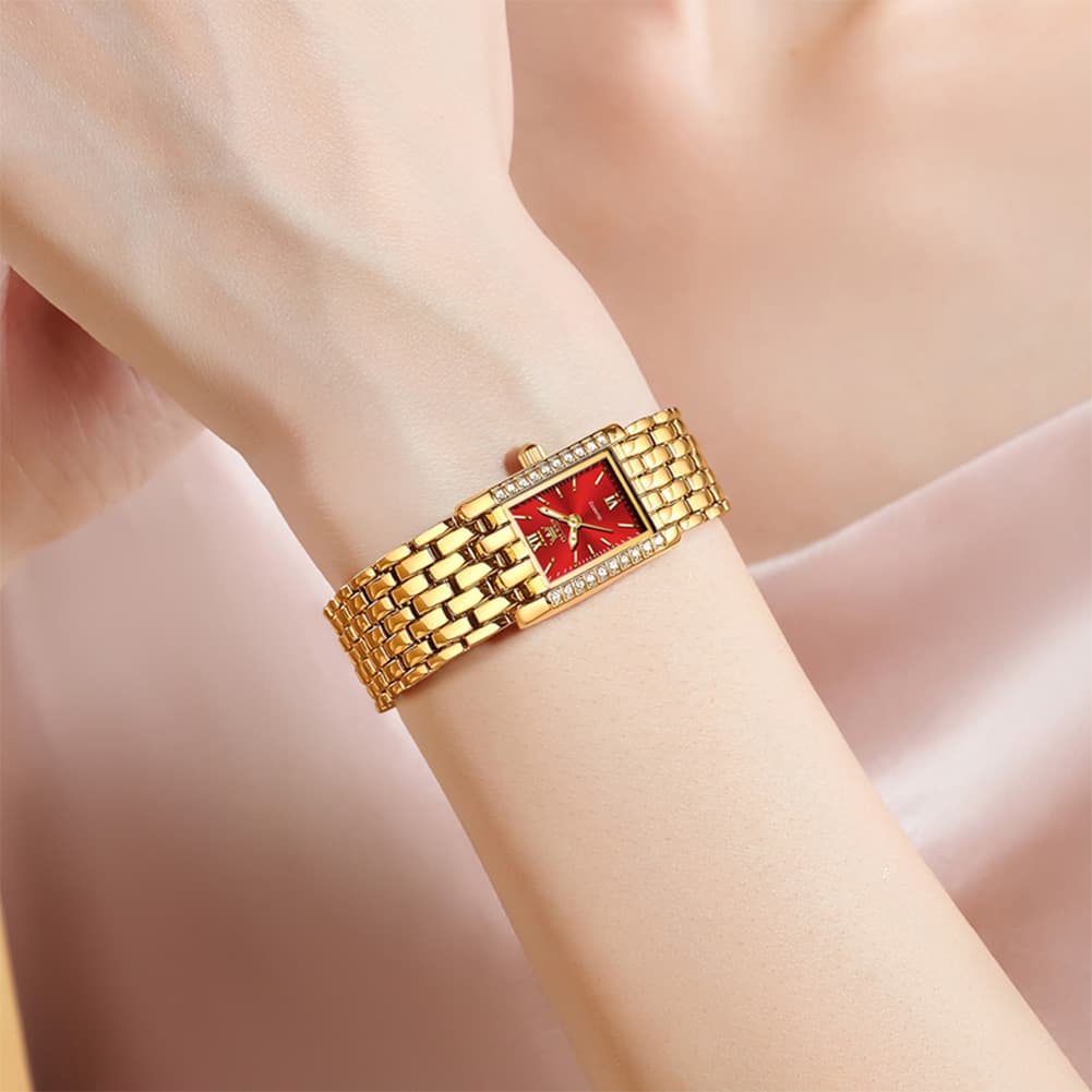 OLEVS 3700 Petite Rectangle Crystal Womens Watch Stainless Steel - Gold Green Watch | Olevs Watch Store
