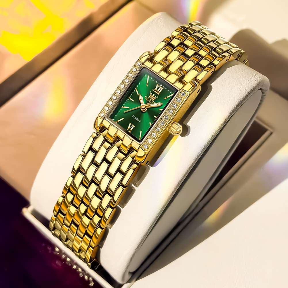 OLEVS 3700 Petite Rectangle Crystal Womens Watch Stainless Steel