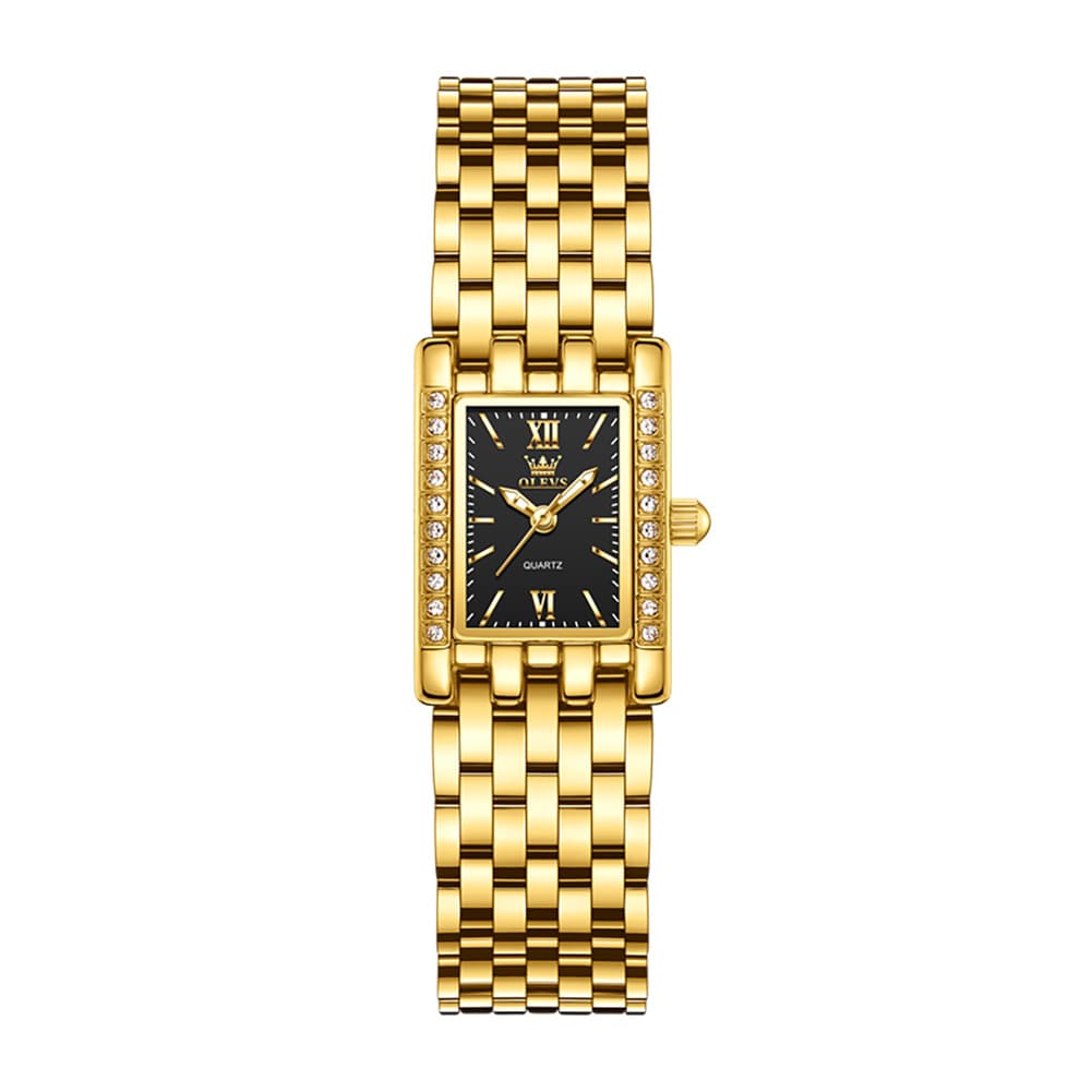 OLEVS 3700 Petite Rectangle Crystal Womens Watch Stainless Steel - Gold Green Watch | Olevs Watch Store