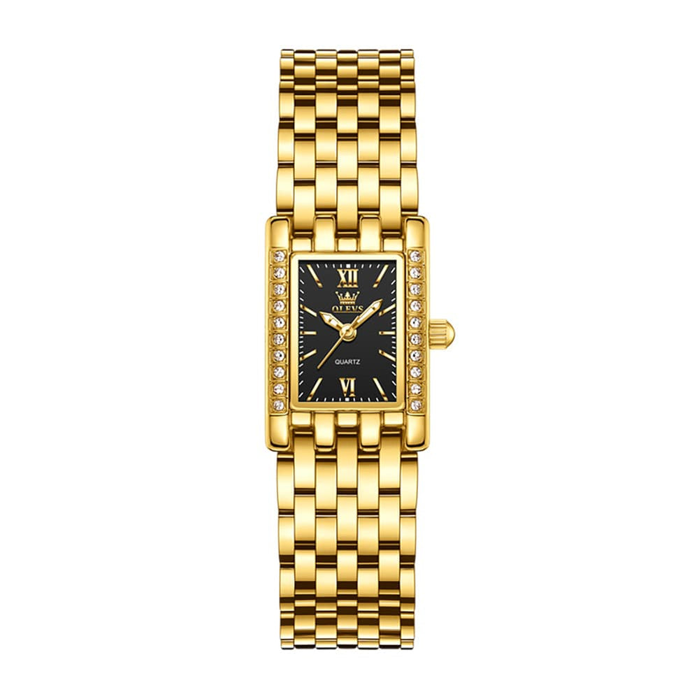 OLEVS 3700 Petite Rectangle Crystal Womens Watch Stainless Steel - Gold Green Watch | Olevs Watch Store