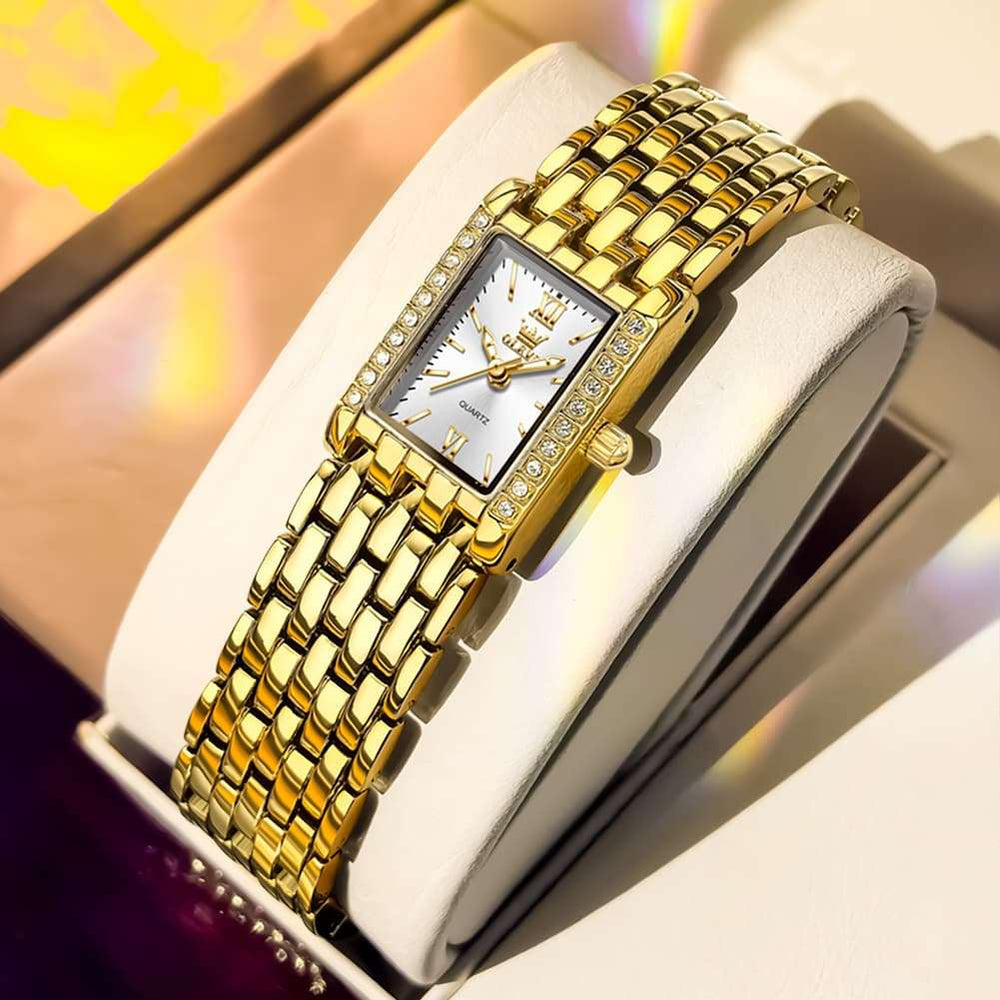OLEVS 3700 Petite Rectangle Crystal Womens Watch Stainless Steel
