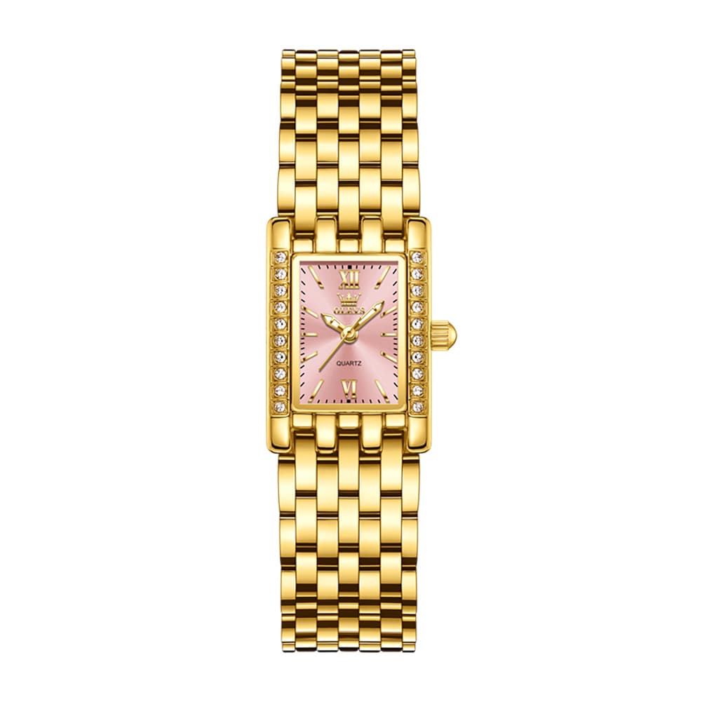 OLEVS 3700 Petite Rectangle Crystal Womens Watch Stainless Steel - Gold Green Watch | Olevs Watch Store