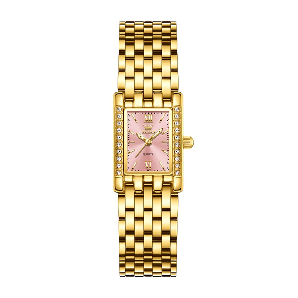 OLEVS 3700 Petite Rectangle Crystal Womens Watch Stainless Steel - Gold Green Watch | Olevs Watch Store
