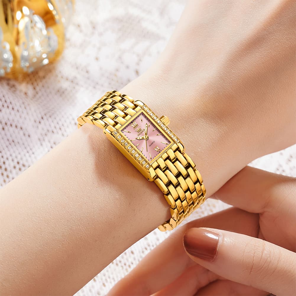 OLEVS 3700 Petite Rectangle Crystal Womens Watch Stainless Steel - Gold Green Watch | Olevs Watch Store