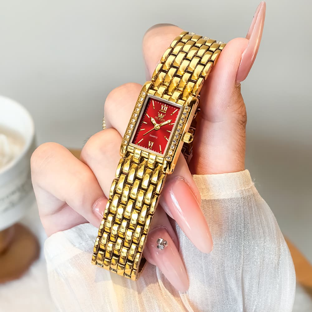 OLEVS 3700 Petite Rectangle Crystal Womens Watch Stainless Steel - Gold Green Watch | Olevs Watch Store