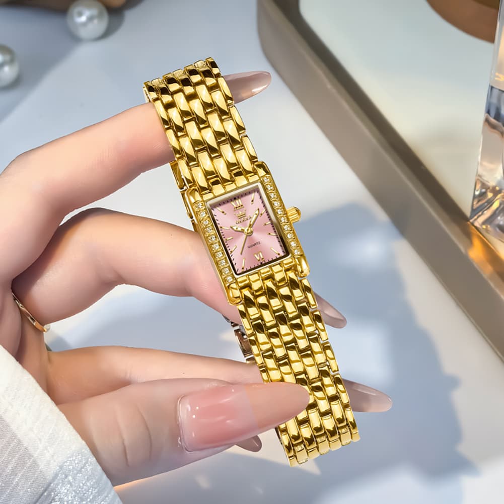 OLEVS 3700 Petite Rectangle Crystal Womens Watch Stainless Steel - Gold Green Watch | Olevs Watch Store