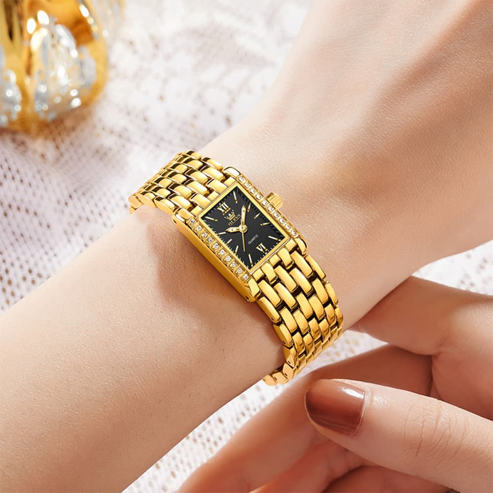 OLEVS 3700 Petite Rectangle Crystal Womens Watch Stainless Steel - Gold Green Watch | Olevs Watch Store