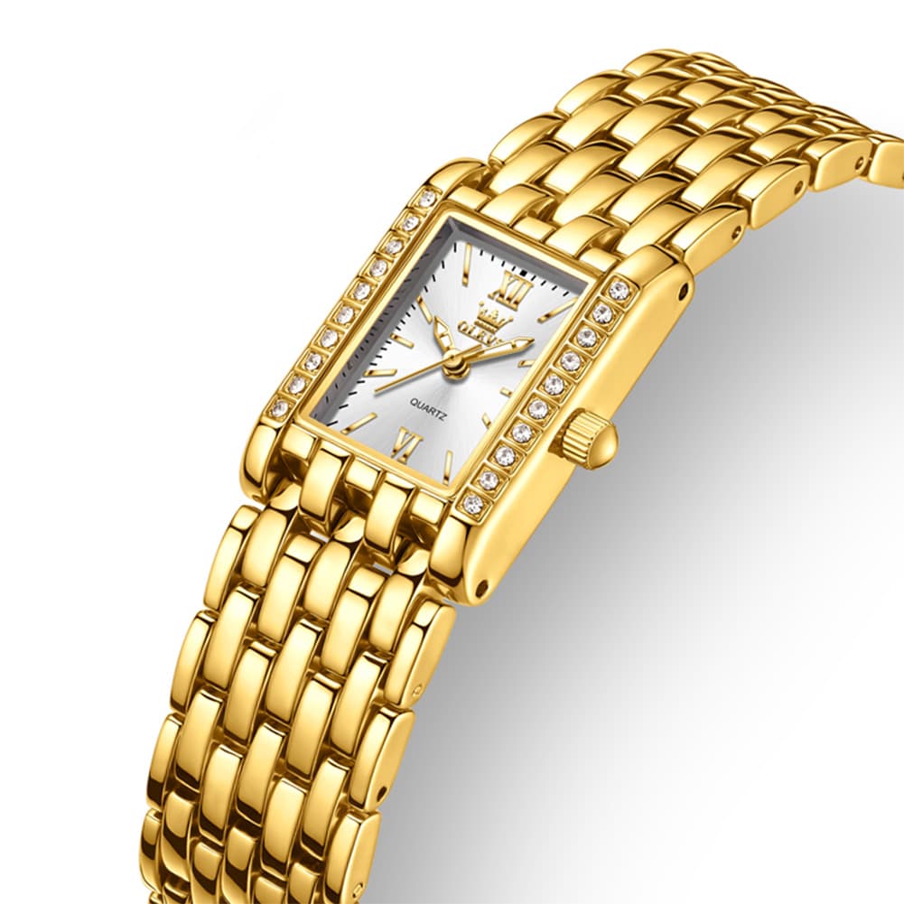 OLEVS 3700 Petite Rectangle Crystal Womens Watch Stainless Steel - Gold White Watch | Olevs Watch Store