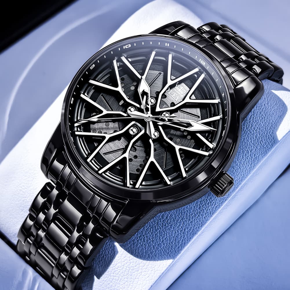 OLEVS 3701 Racing Wheel Openwork Sport Mens Quartz Watch - Mechanical Silver Watch | Olevs Watch Store