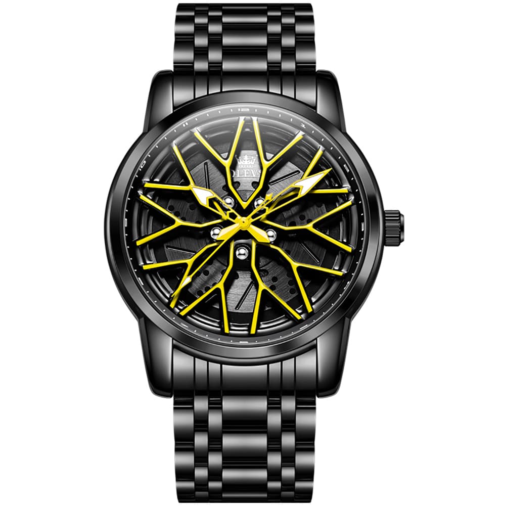 OLEVS 3701 Racing Wheel Openwork Sport Mens Quartz Watch - Racing Yellow Watch | Olevs Watch Store