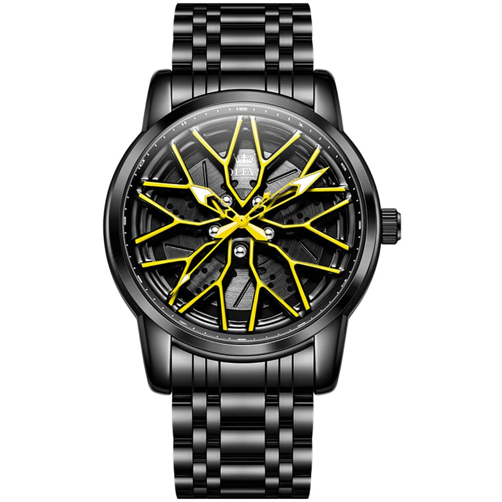OLEVS 3701 Racing Wheel Openwork Sport Mens Quartz Watch - Racing Yellow Watch | Olevs Watch Store