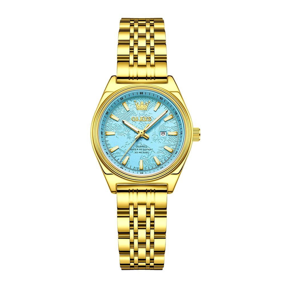 OLEVS 3703 Elegant Textured Dial Stainless Steel Womens Watch - Gold Blue Watch | Olevs Watch Store