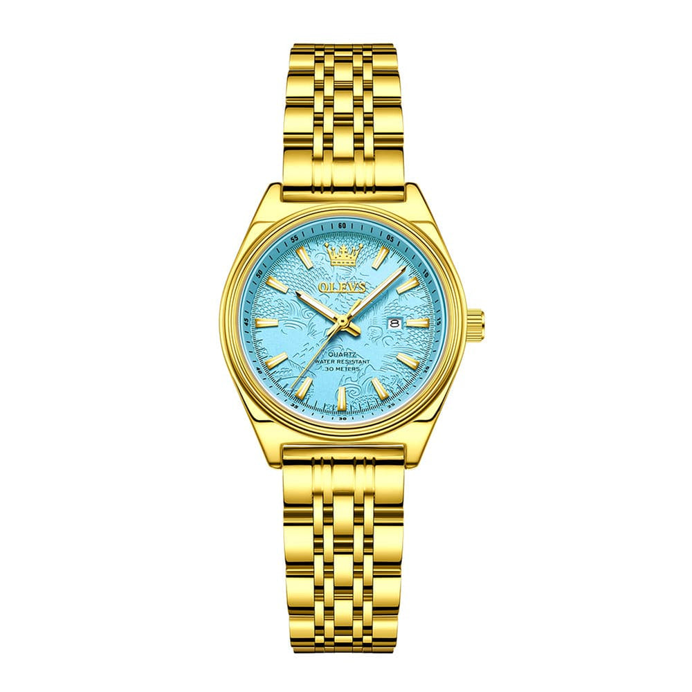 OLEVS 3703 Elegant Textured Dial Stainless Steel Womens Watch - Gold Blue Watch | Olevs Watch Store