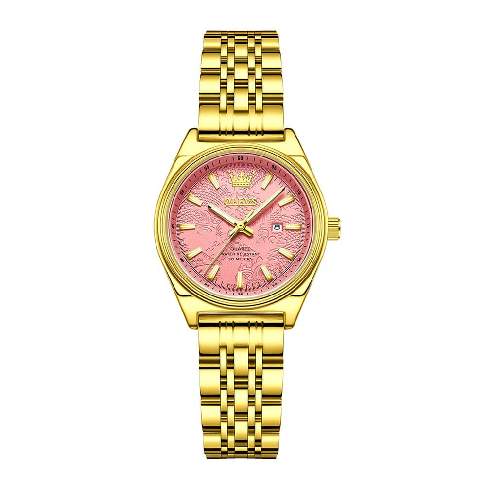 OLEVS 3703 Elegant Textured Dial Stainless Steel Womens Watch - Gold Pink Watch | Olevs Watch Store