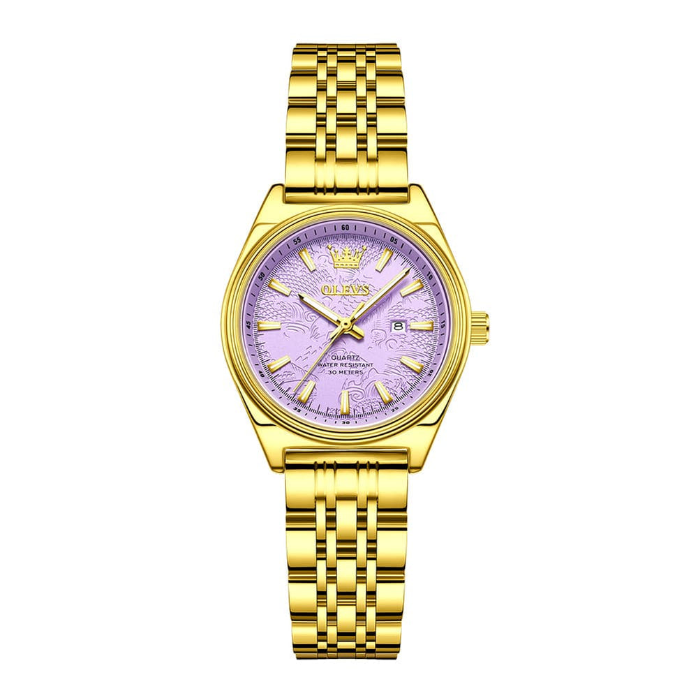 OLEVS 3703 Elegant Textured Dial Stainless Steel Womens Watch - Gold Purple Watch | Olevs Watch Store