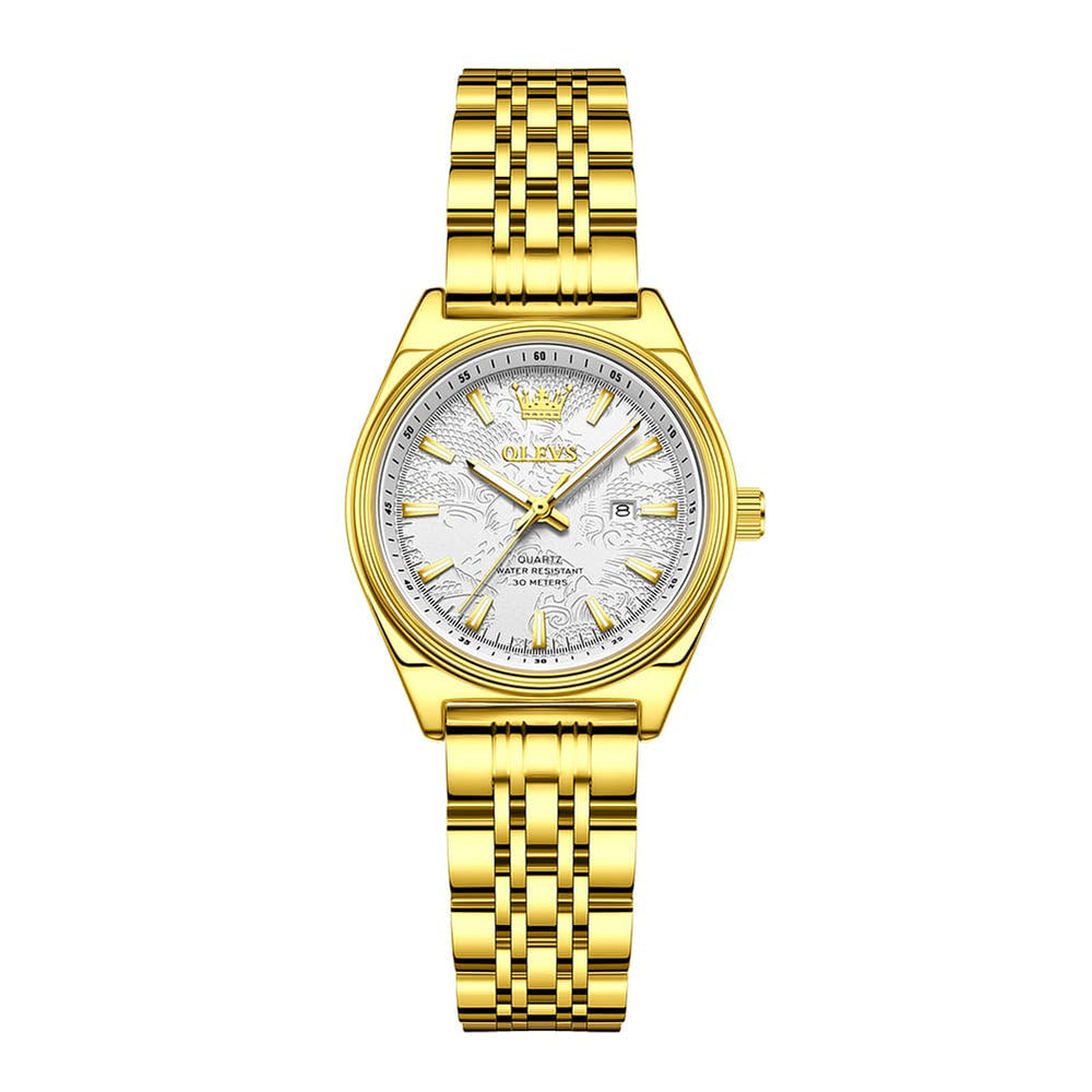 OLEVS 3703 Elegant Textured Dial Stainless Steel Womens Watch - Gold White Watch | Olevs Watch Store