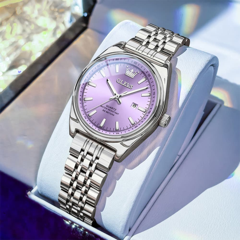 OLEVS 3703 Elegant Textured Dial Stainless Steel Womens Watch - Silver Purple Watch | Olevs Watch Store